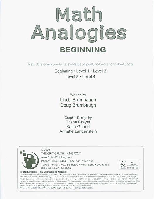 Math Analogies: Beginning (Grades K-1)