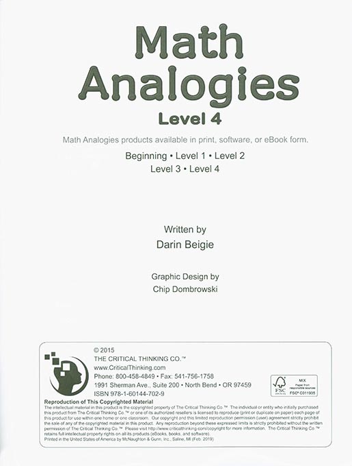 Math Analogies: Level 4 (Grades 8-9)
