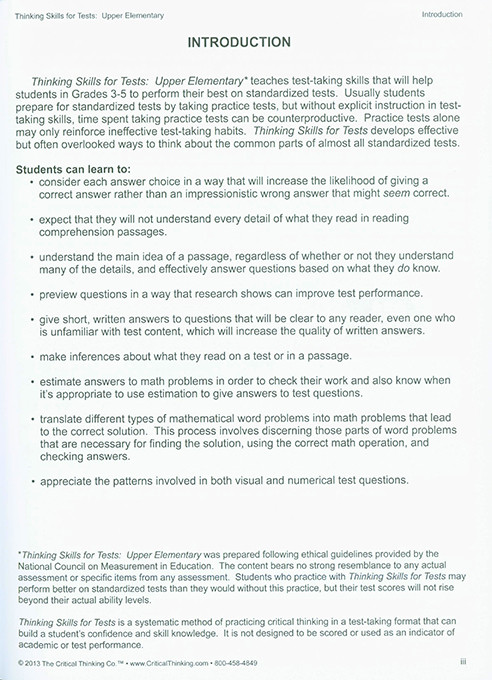 Thinking Skills for Tests: Upper Elementary Grades 3-5