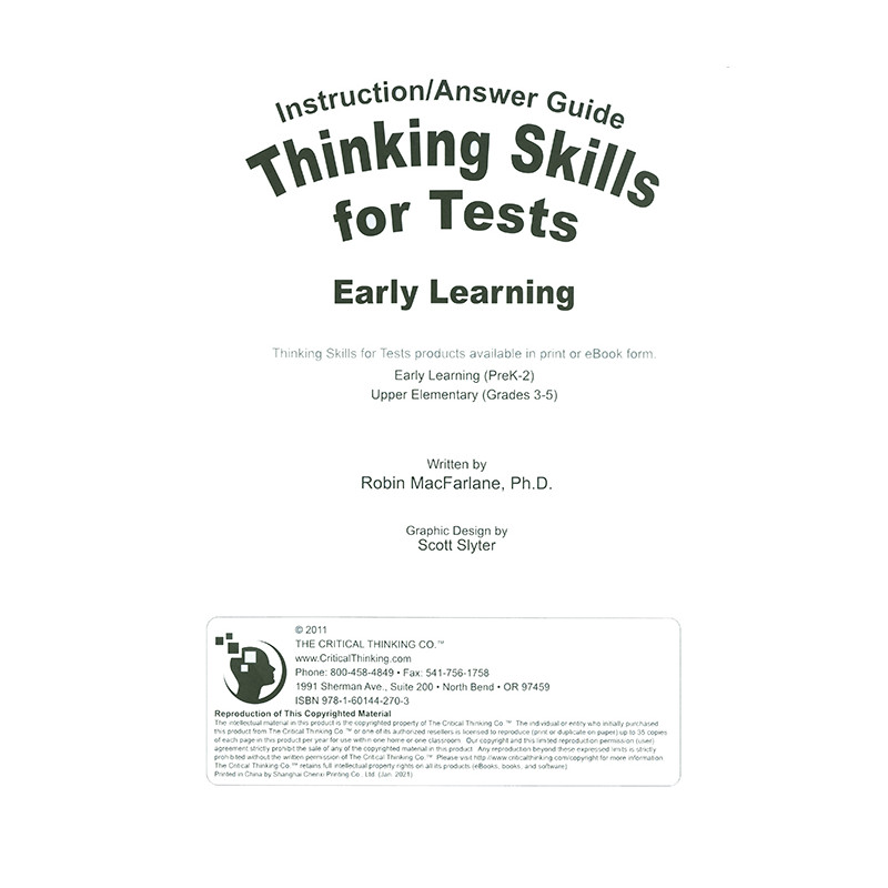 Thinking Skills for Tests Early Learning Teacher Guide (PreK-2)