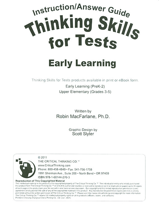 Thinking Skills for Tests Early Learning Teacher Guide (PreK-2)