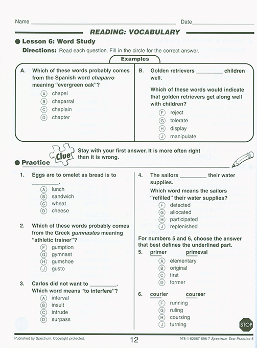 Spectrum Test Practice Workbook Grade 6