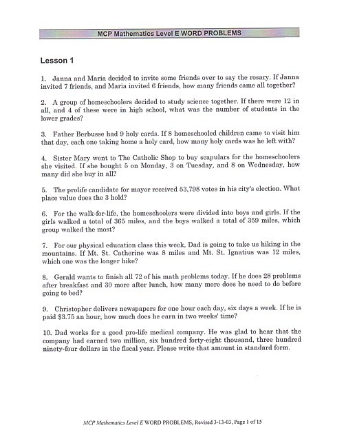 Catholic Word Problems Level E