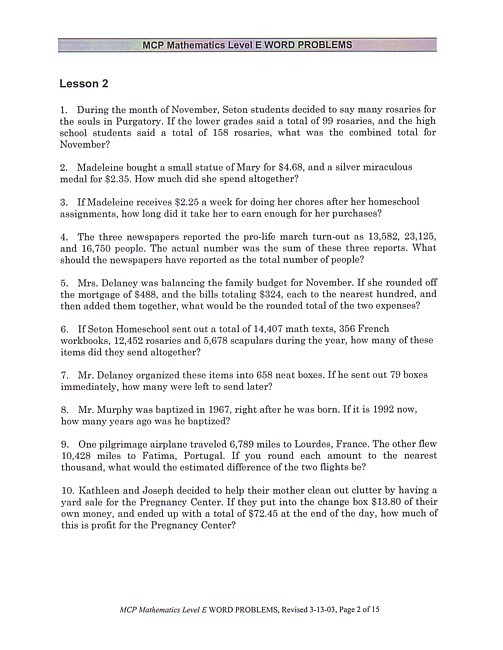 Catholic Word Problems Level E