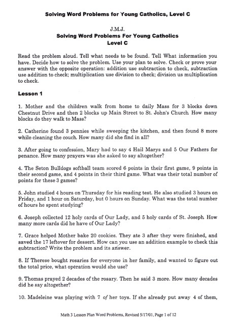 Catholic Word Problems Level C