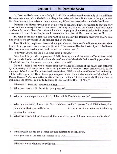 Reading 8 for Young Catholics Comprehension (key in book)